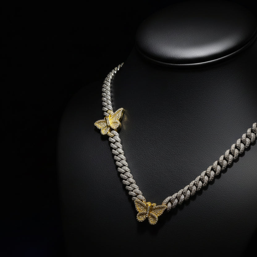 Silver Moissanite Butterfly Cuban Necklace at Earring Kingz