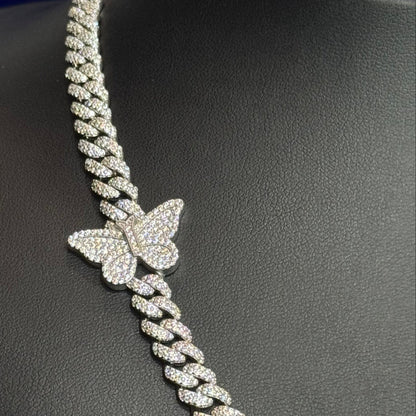 Silver Moissanite Butterfly Cuban Necklace at Earring Kingz