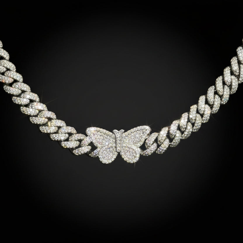 Silver Moissanite Butterfly Cuban Necklace at Earring Kingz