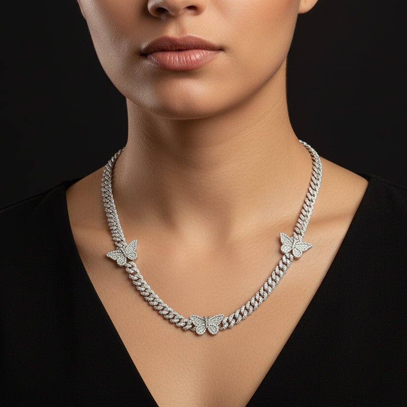 Silver Moissanite Butterfly Cuban Necklace at Earring Kingz
