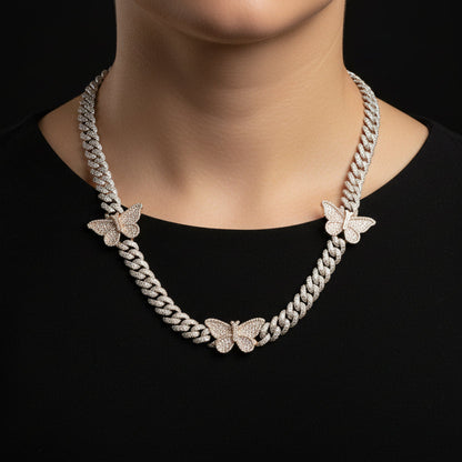 Silver Moissanite Two Tone Butterfly Cuban Necklace at Earring Kingz