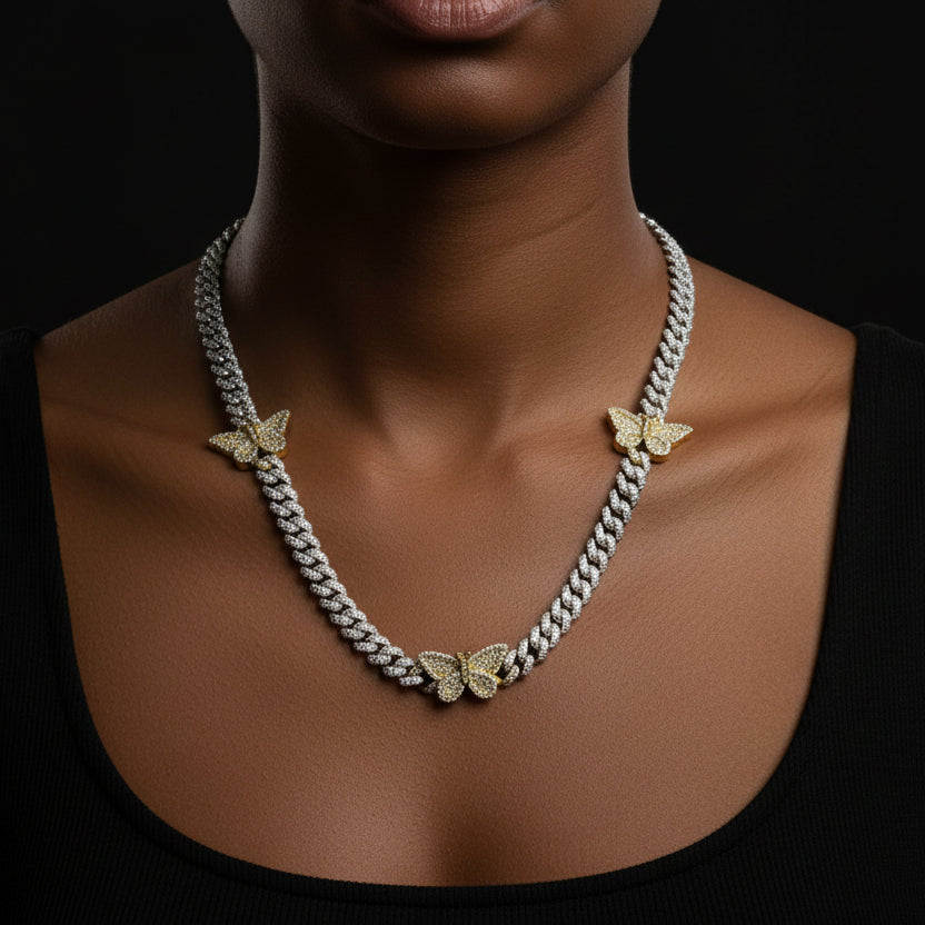 Silver Moissanite Butterfly Cuban Necklace at Earring Kingz