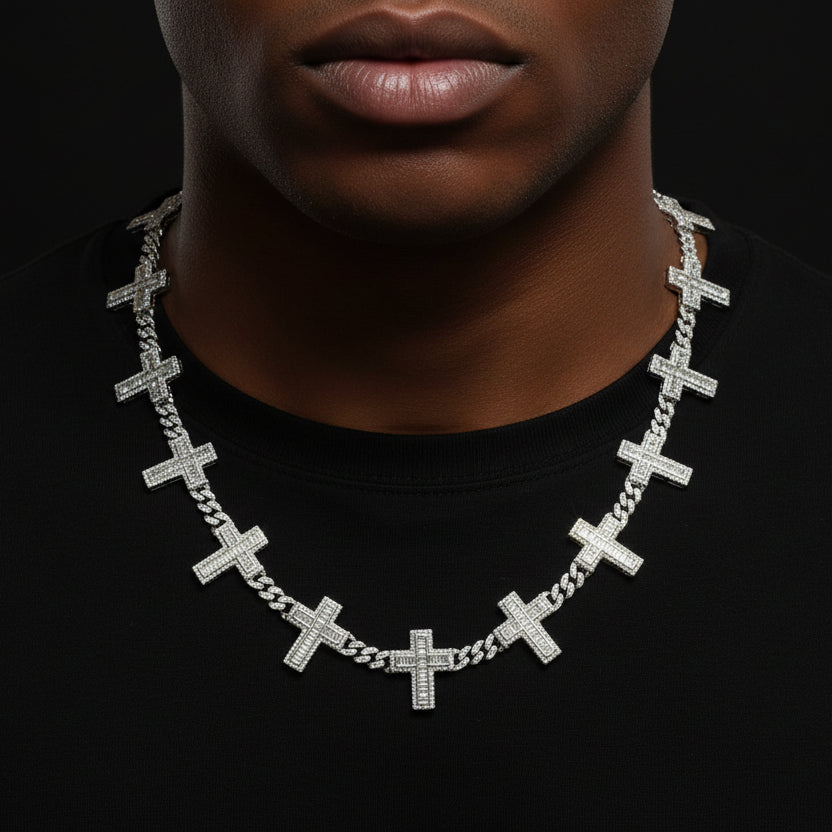 Silver Moissanite Cross Necklace at Earring Kingz