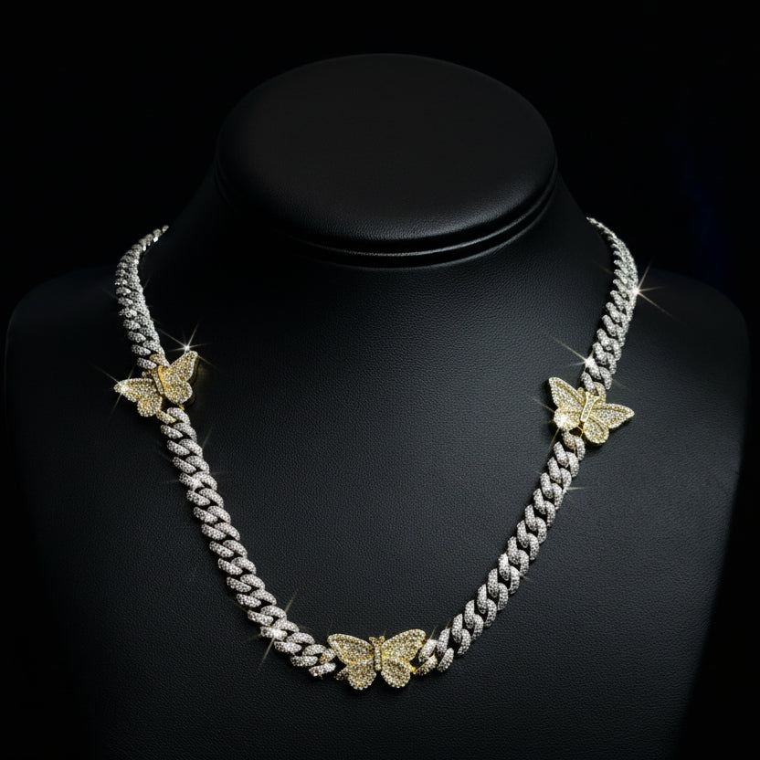 Silver Moissanite Butterfly Cuban Necklace at Earring Kingz